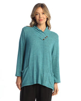 Solid Brushed Hacci Pleat Neck with Button Detail Top - VP5