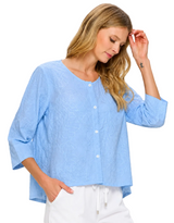Embroidered Cotton Voile Split-Back Top in Azure - EC432