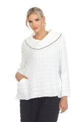 Pucker Weave Cowl-Neck Tunic Top in White - 3787-WT