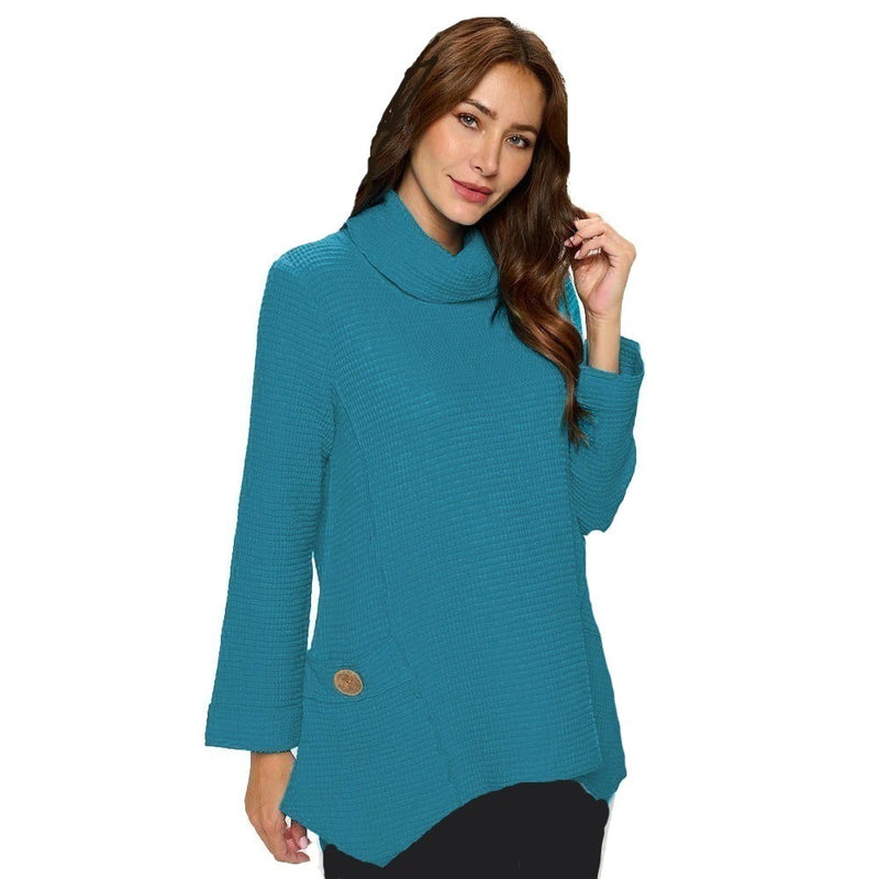 Focus Fashion Mock-Neck Waffle Tunic in Ocean - FW-153-OCN - Size M Only!