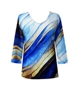 Abstract Print V-Neck Top in Gold & Blue - 31966 - Size 1X Only!