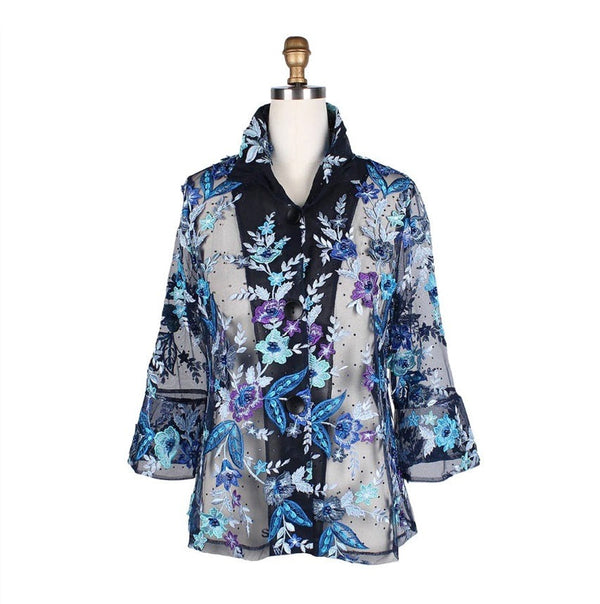 Damee Beaded Floral Mesh Jacket in Blues, Purple & Black - 2380