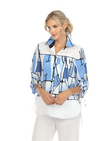 Textured Abstract-Print High-Low Blouse in Blue, White & Black - 3710