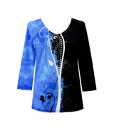 "Ascent" Royal Blue, Black & White Print V-Neck Top - 31294