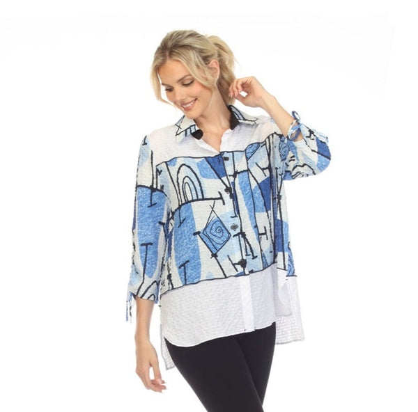 Moonlight Abstract Blouse in Blue Hues, Black & White - 3710