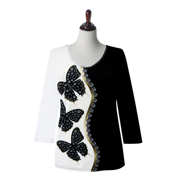 Valentina Butterfly-Print V-Neck Top in Black/White - 26474
