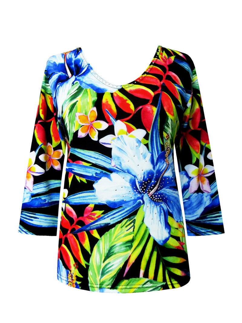 Valentina Tropical Hibiscus Print V-Neck Top in Multi - 27478