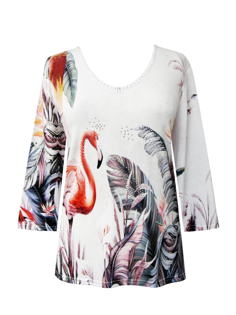 Valentina Flamingo-Print V-Neck Top in Multi - 27866