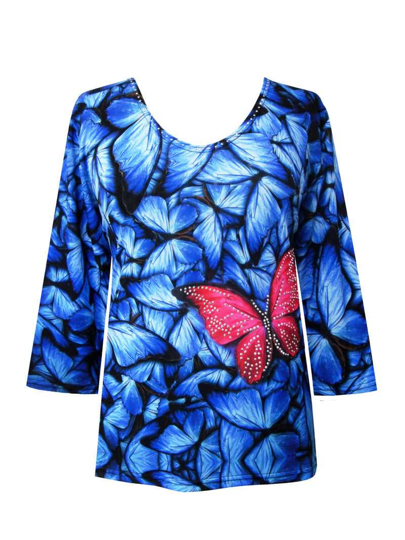 Valentina Red Butterfly Print V-Neck Top in Multi - 29030