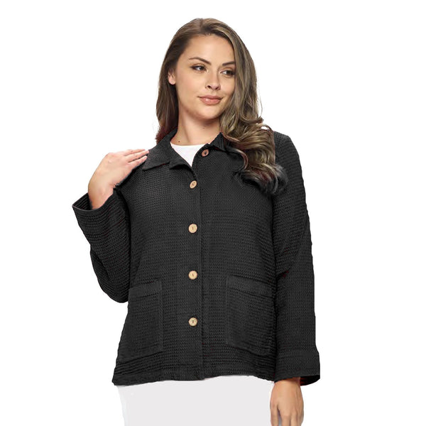 Focus Button Front Waffle Jacket in Black - SW235-BK