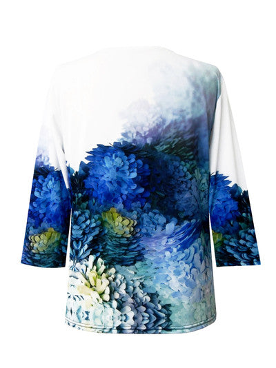 Valentina Blue Hydrangea-Print V-Neck Top in Multi - 28812