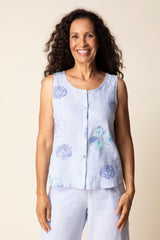 Linen Floral Pleat Back Button Tank - 46506