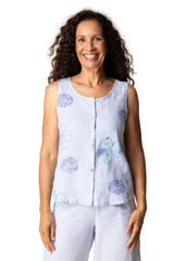 Linen Floral Pleat Back Button Tank - 46506