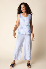 Linen Floral Pleat Back Button Tank - 46506