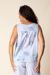 Linen Floral Pleat Back Button Tank - 46506