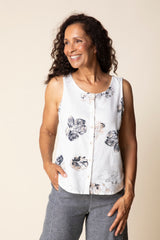 Linen Floral Pleat Back Button Tank - 46506
