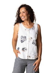 Linen Floral Pleat Back Button Tank - 46506
