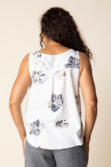 Linen Floral Pleat Back Button Tank - 46506
