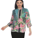 Citron Lotus Print Silk Blouse in Teal Multi - 1213LFB - Size 0X Only!