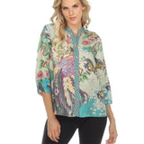 Whimsical Peacock Print Button Front Blouse - 1213PIF