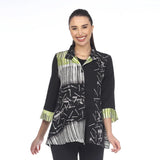 Multi-Print Button Front Blouse/Jacket in Black/Lime - 3451