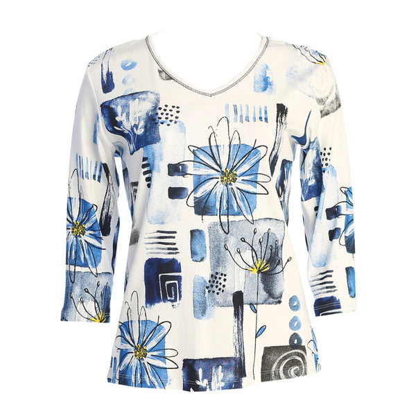 Jess & Jane "Lily" Abstract Print V-Neck Top in White - 15-1809