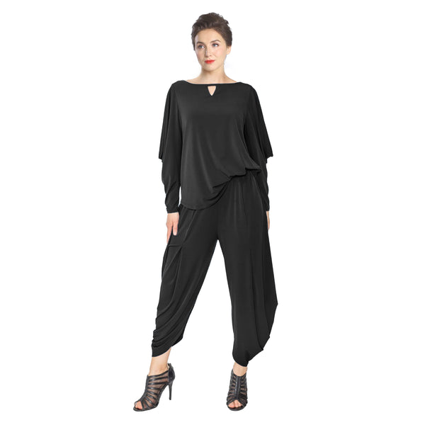 IC Collection Asymmetric Draped Sleeve Top in Black - 5563T-BK - Size XL Only!