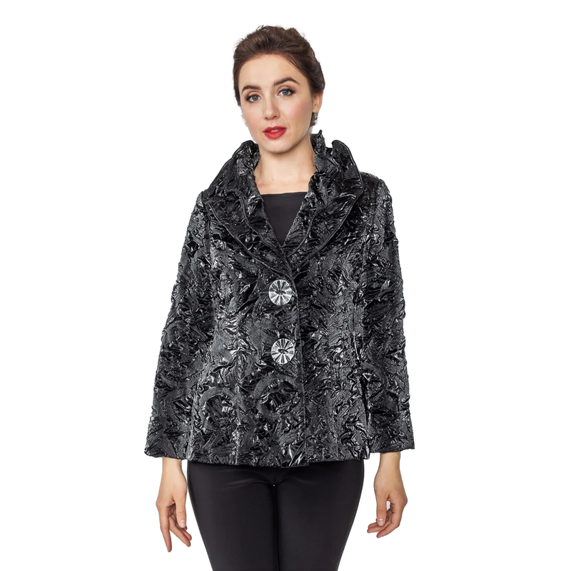 IC Collection Shiny Textured Crinkle Jacket in Black - 5505J - Sizes L - XXL