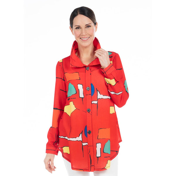 Damee Pop Art Print Long Shirt in Red Multi - 7081-RD - Size S Only - Final Sale!