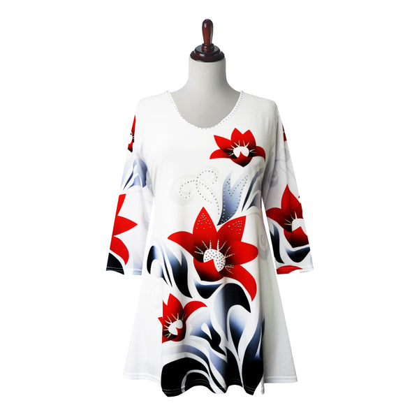Valentina "Red Flower" V-Neck Print Tunic - 25568-TU - Sizes S & M Only!