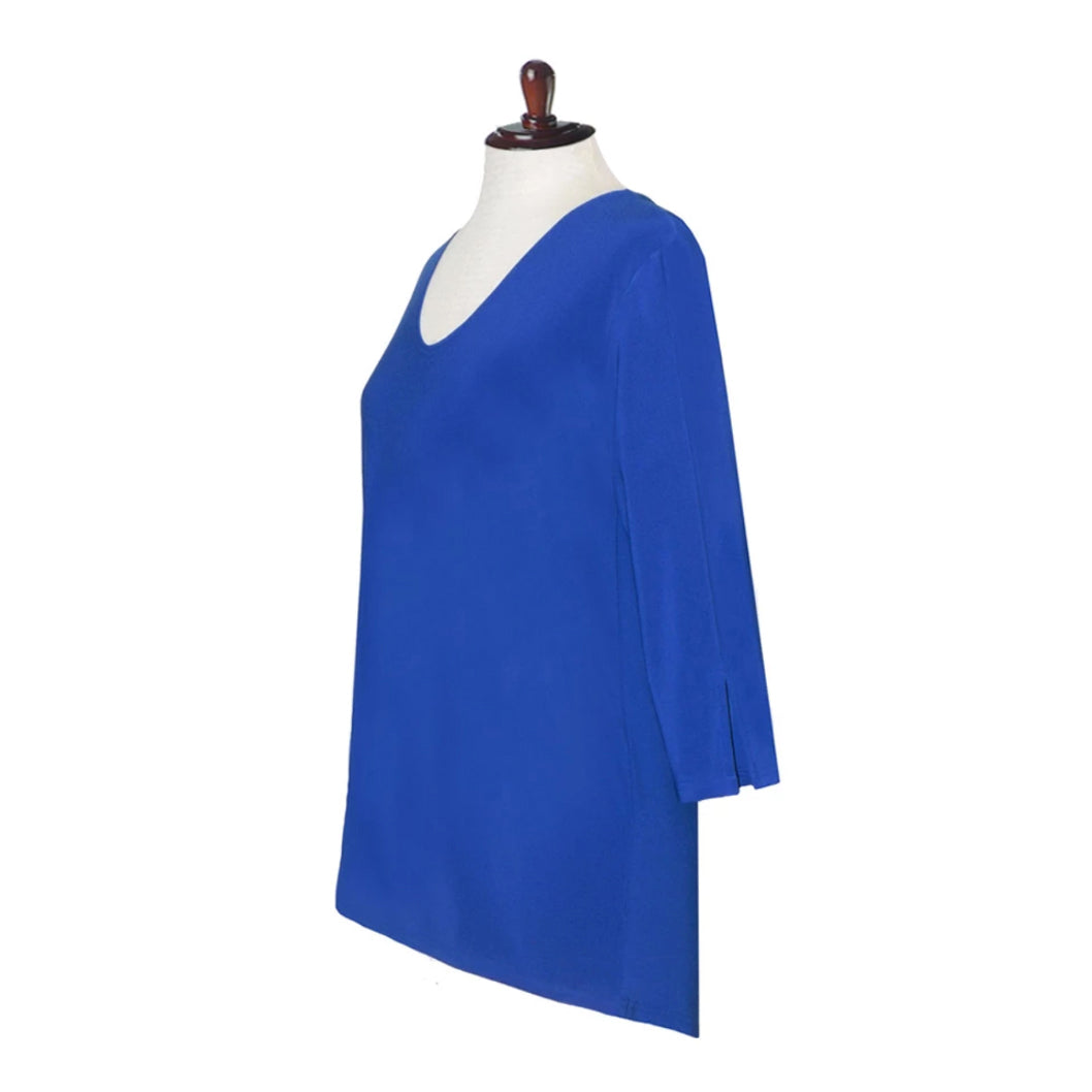 Valentina Signa Solid V Neck Hi-Low Tunic Top in Blue 15296-BLU