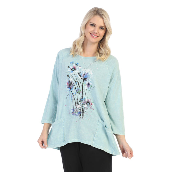 Jess & Jane "Felicity" Floral Mineral Washed Tunic Top in Mint - M12-1452