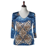 "Denim & Cheetah" V-Neck Top in Multi - 11784