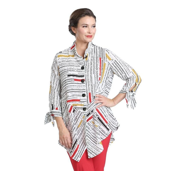 IC Collection Mixed-Stripe Long Asymmetric Shirt - 1571B-WT - Size L Only - Final Sale!