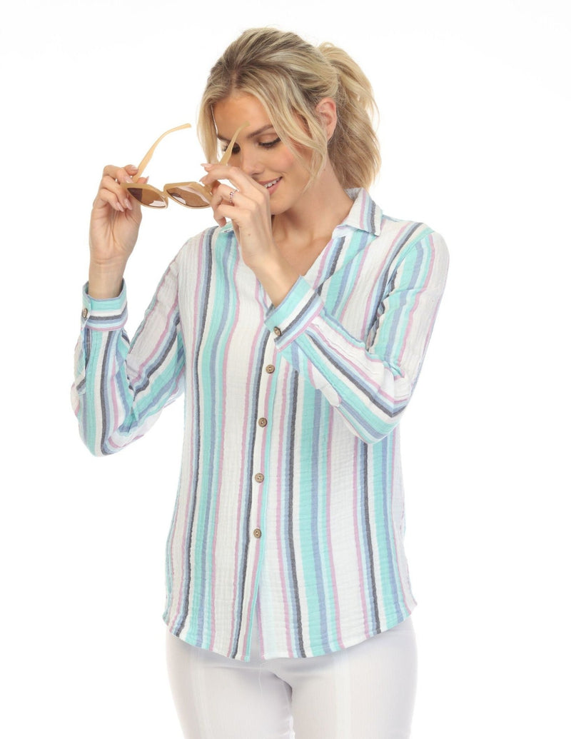 Escape by Habitat Striped Playa Shirt in Palm - 35112-PM - Sizes XS & S Only!