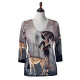 "Cat Walk" Print V-Neck Top in Multi - 5859-7