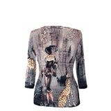 "Cat Walk" Print V-Neck Top in Multi - 5859-7