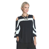 Striped Black & White Cold Shoulder Top -1381T-BK