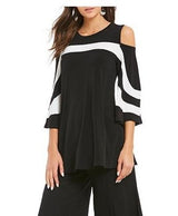 Striped Black & White Cold Shoulder Top -1381T-BK