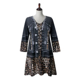 "Leopard & Denim" Print V-Neck Tunic in Grey - 22689-TU