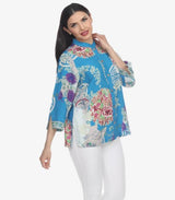 Citron Bouquet Print Silk Blend Blouse in Blue/Turquoise - 1213BCT - Size 0X