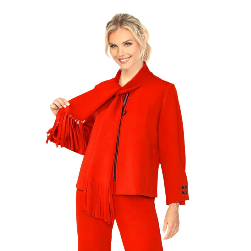 IC Collection Fringed Scarf Zip Front Jacket in Red - 6929J-RD