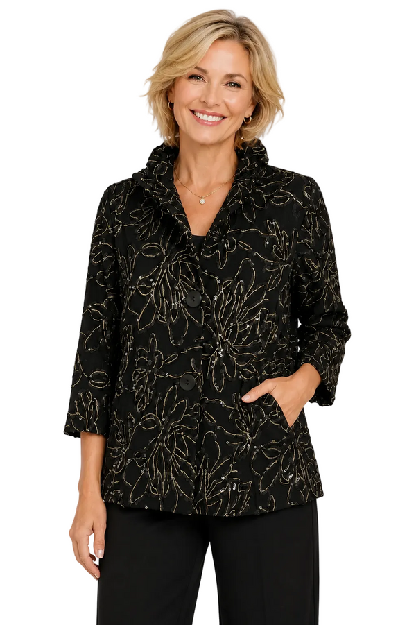 Elegant Embroidered Floral & Sequin Jacket in Black & Gold - 5106-BLK