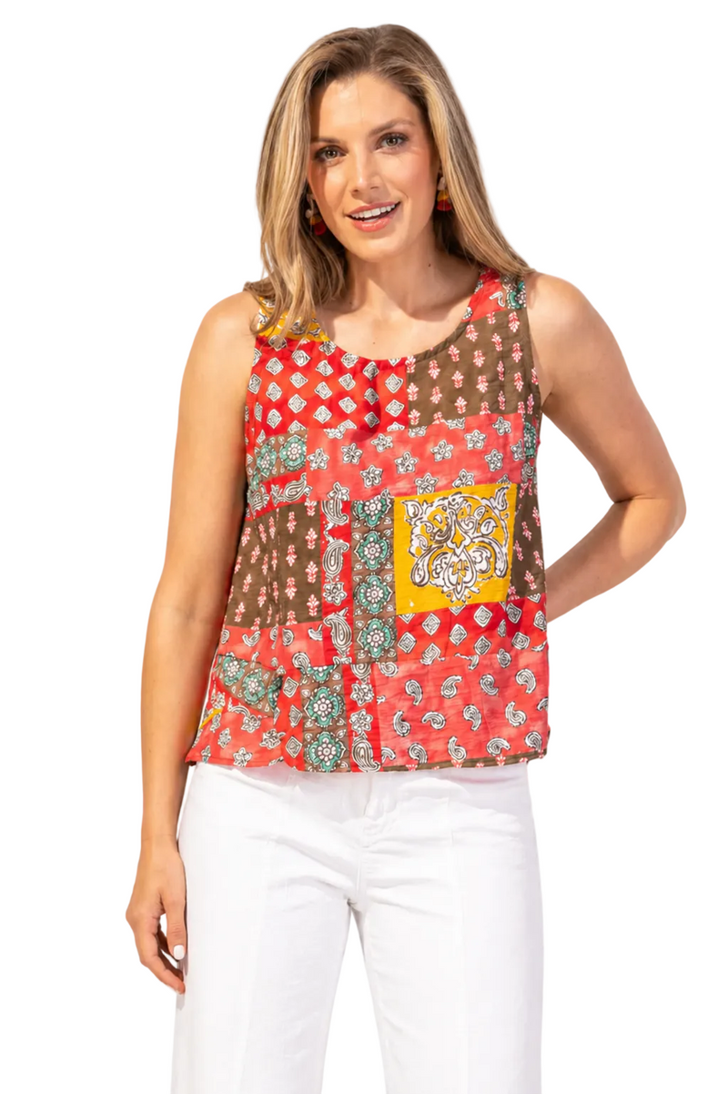 Patchwork Paisley Top in Coral  - 36017