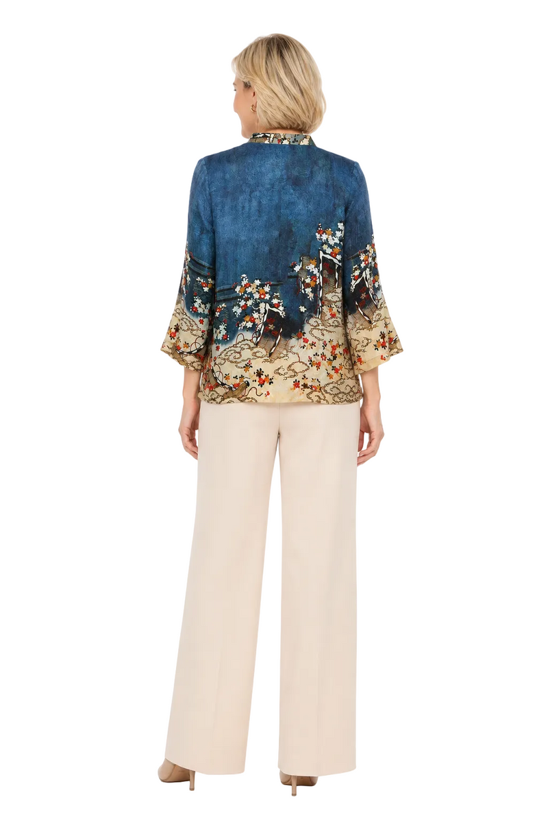 Floral Design Blouse on Indigo Background - 1213EAI