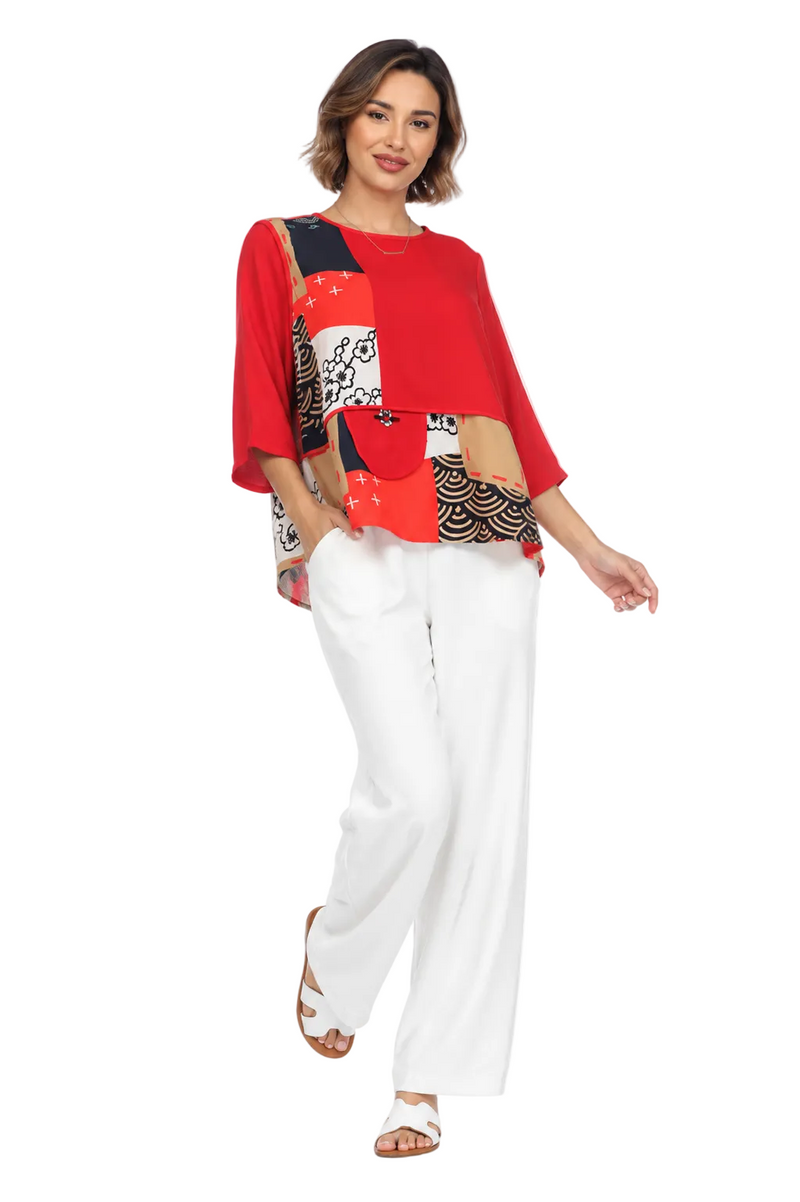 Patchwork Tunic Top in Red - 3523
