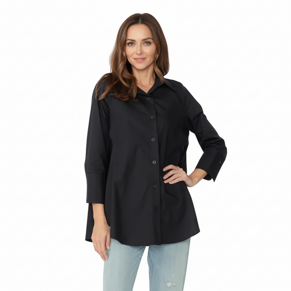 Relaxed High-Low Cotton Shirt in Black - 3758B-BLK