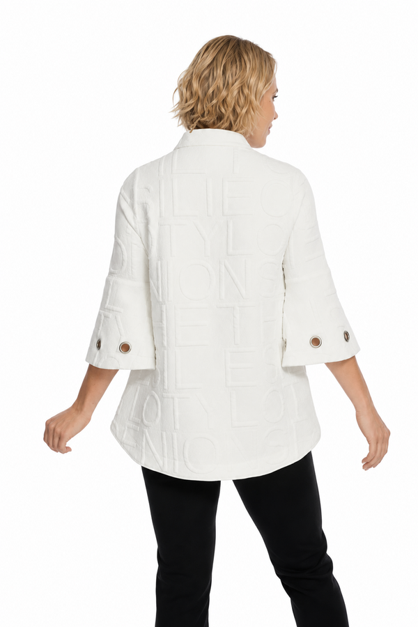 Textured Lettering Asymmetric Jacket in Ivory - JADE-WHT