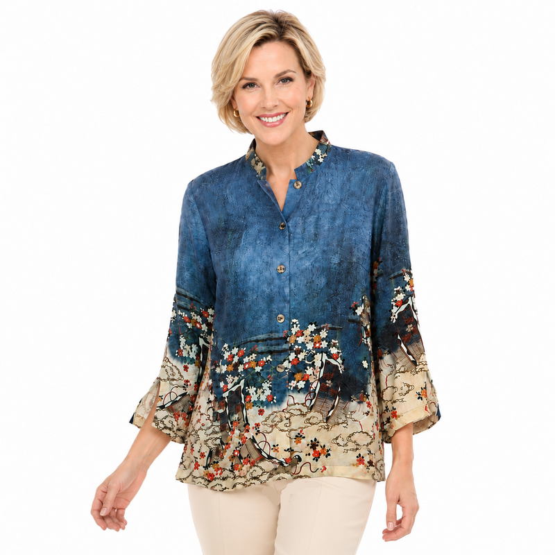 Floral Design Blouse on Indigo Background - 1213EAI