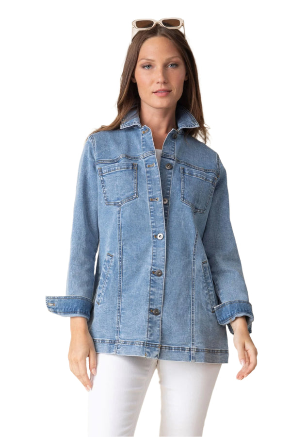 Long Stretch Denim Boyfriend Jacket in Light Denim - 11410-LDNM